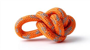 Orange Climbing Rope Tied in Complex Knot for Mountain Adventure and Rock Climbing photo