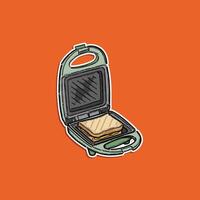 Bright and colorful illustration of a sandwich maker containing a grilled toast, over a vivid orange background, perfect for themes related to cooking, food, or kitchen appliances. vector