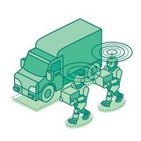 Isometric robots carrying boxes near a delivery truck with wireless signals. Smart logistics, automation, and AI technology for modern supply chain. Illustration. Objects isolated on white. vector