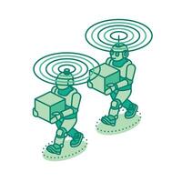 Isometric two robots carrying boxes with wireless signals. Smart automation, AI logistics, and future technology in warehouse operations. Illustration. Robots isolated on white. vector
