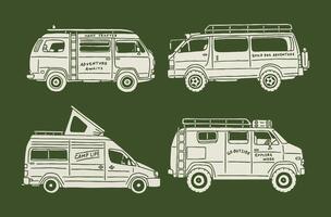 Clean line art illustrations of camper vans and travel trailers ideal for outdoor living, vanlife content, or minimalist branding. vector