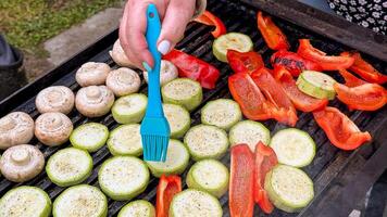 Grill symphony of vibrant zucchini, mushrooms, and peppers, brushed tenderly by Caucasian womans hand, invoking Mediterranean harvest fiestas photo
