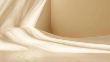 Luxurious golden satin fabric with smooth abstract wave design and soft reflective curves, perfect for use as a decorative backdrop. photo