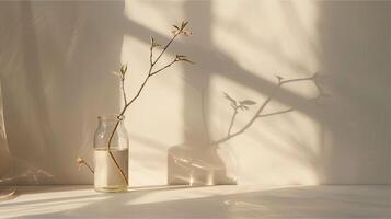 Soft light fills the quiet room. Its light casts a soft glow on the branches stuck in the vase. photo