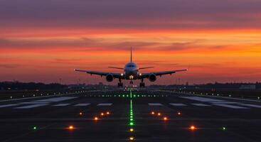 A Commercial Airliner Arriving at an Airport against a Fiery Sky. photo