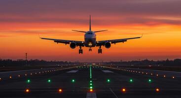 An Aircraft Landing with Illuminated Runway Lights at Twilight. photo