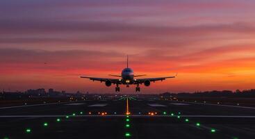 An Airplane on Final Approach to a Runway at Sunset. photo