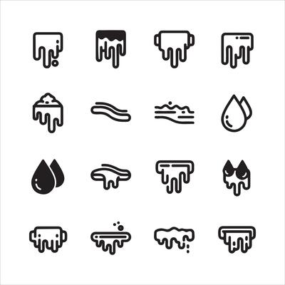 Collection of drips and liquid flowing elements representing various states of fluidity