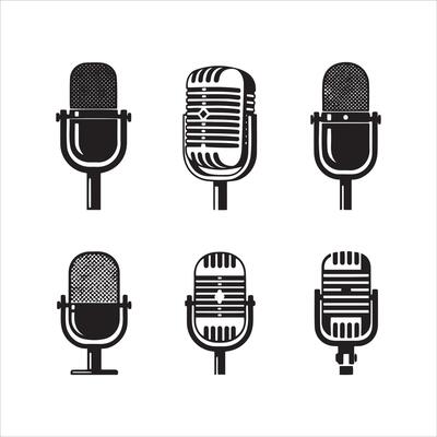 Collection of six vintage style microphones in black and white