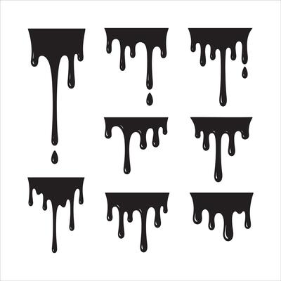 Collection of black dripping liquid shapes and droplets on white background