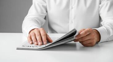 Man reading a newspaper at a table in a white shirt photo
