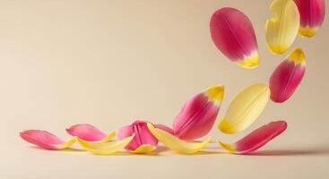 Pink and yellow tulip petals are falling gracefully in the air photo