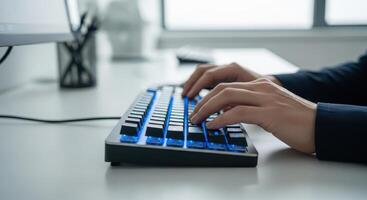 Hands typing on a blue backlit computer keyboard at desk photo