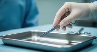 A gloved hand holds a surgical scalpel over a tray photo