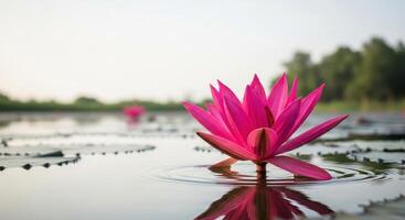 A vibrant pink lotus flower blooms serenely on the waters surface photo