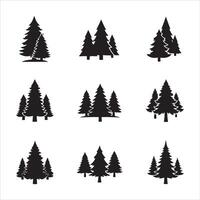 Collection of black silhouette evergreen trees in various groupings vector