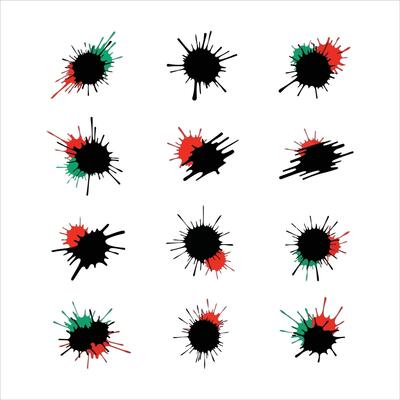 Collection of black splatter marks with red and green accents
