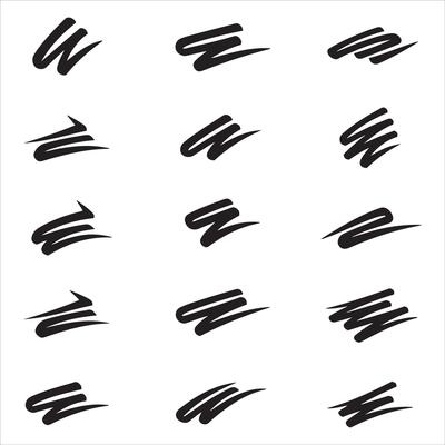 Collection of abstract black brush strokes and swirls on white background