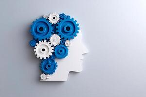 abstract face with gears turning inside, metaphor for internal innovation, analytical thinking photo