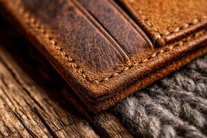 close up of handmade leather wallet on wooden desk, rustic background, traditional craftsmanship photo