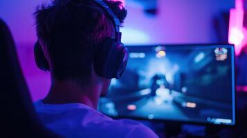 Young man playing game on computer with headphones in colorful room lighting photo