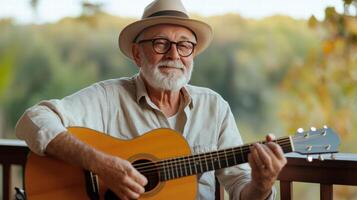 Elderly man playing acoustic guitar outdoors with joyful expression and hat photo