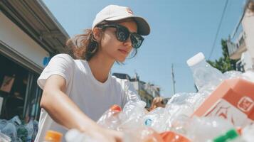 Young woman wearing sunglasses and cap sorting plastic bottles outdoors on sunny day photo