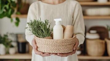 Eco friendly cleaning spray with fresh herbs in woven basket held by person photo