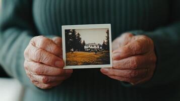 Elderly hands holding vintage photograph of house with trees and grass, nostalgic feeling photo