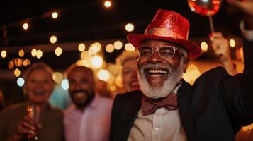 Senior man with red hat celebrating at party with friends, joyful atmosphere and warm lights photo