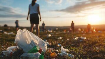 Littered field with plastic bottle and can waste under sunset with people walking in background photo