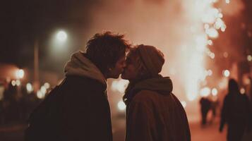 Young couple kissing outdoors at night with warm light and festive fireworks glow photo