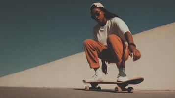 Young woman skateboarding outdoors in casual outfit with sunglasses and cap photo