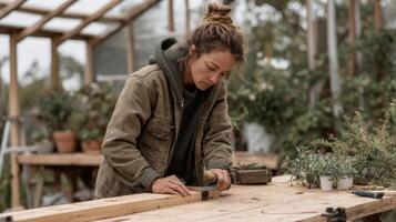 Woman working on DIY woodwork project with focused expression in greenhouse workshop photo