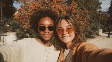 Happy two women taking selfie outdoors with autumn leaves background photo