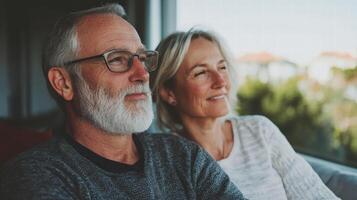 Senior couple sitting together looking outside with calm and peaceful expression photo
