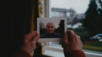 Elderly hands holding old photograph of senior person with nostalgic mood photo