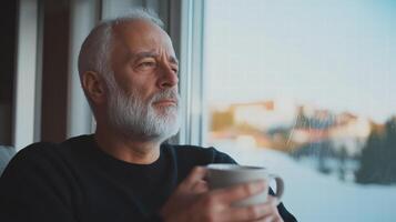 Elderly man with white beard holding cup of tea looking thoughtfully out window photo