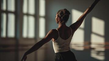 Young woman dancing in sunlit studio with large windows creating soft shadows photo