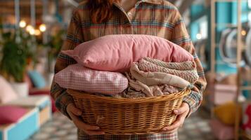 Woman holding basket of clothes and pillow with cozy home background photo