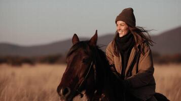 Woman riding a horse outdoors photo