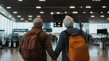 Senior couple holding hands walking in airport terminal with backpacks and winter clothes photo