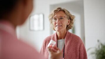 Elderly woman smiling while receiving medication advice from caregiver in cozy home photo