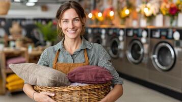 Smiling woman holding basket with folded clothes and pillow in laundry room with machines photo