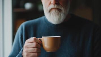 Elderly man with white beard holding cup of tea in cozy indoor setting photo