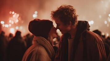 Young couple sharing romantic moment with fireworks glowing warmly in background photo