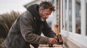 Middle aged man using power drill to fix wooden plank on house exterior with focused expression photo