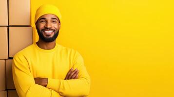 Smiling man in yellow attire stands confidently against a bright background filled with boxes during a lively day of organizing and packing photo