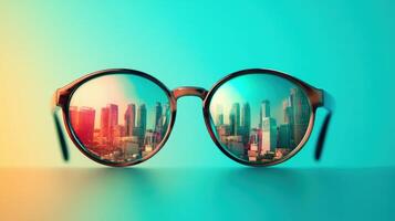 City skyline reflected in stylish sunglasses capturing urban beauty at sunset photo