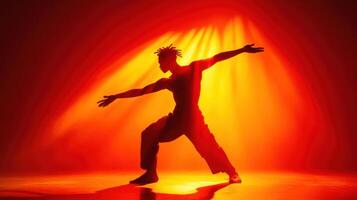 Dynamic dance performance in silhouette against vibrant orange backdrop showcasing expression and movement at a theatrical event photo